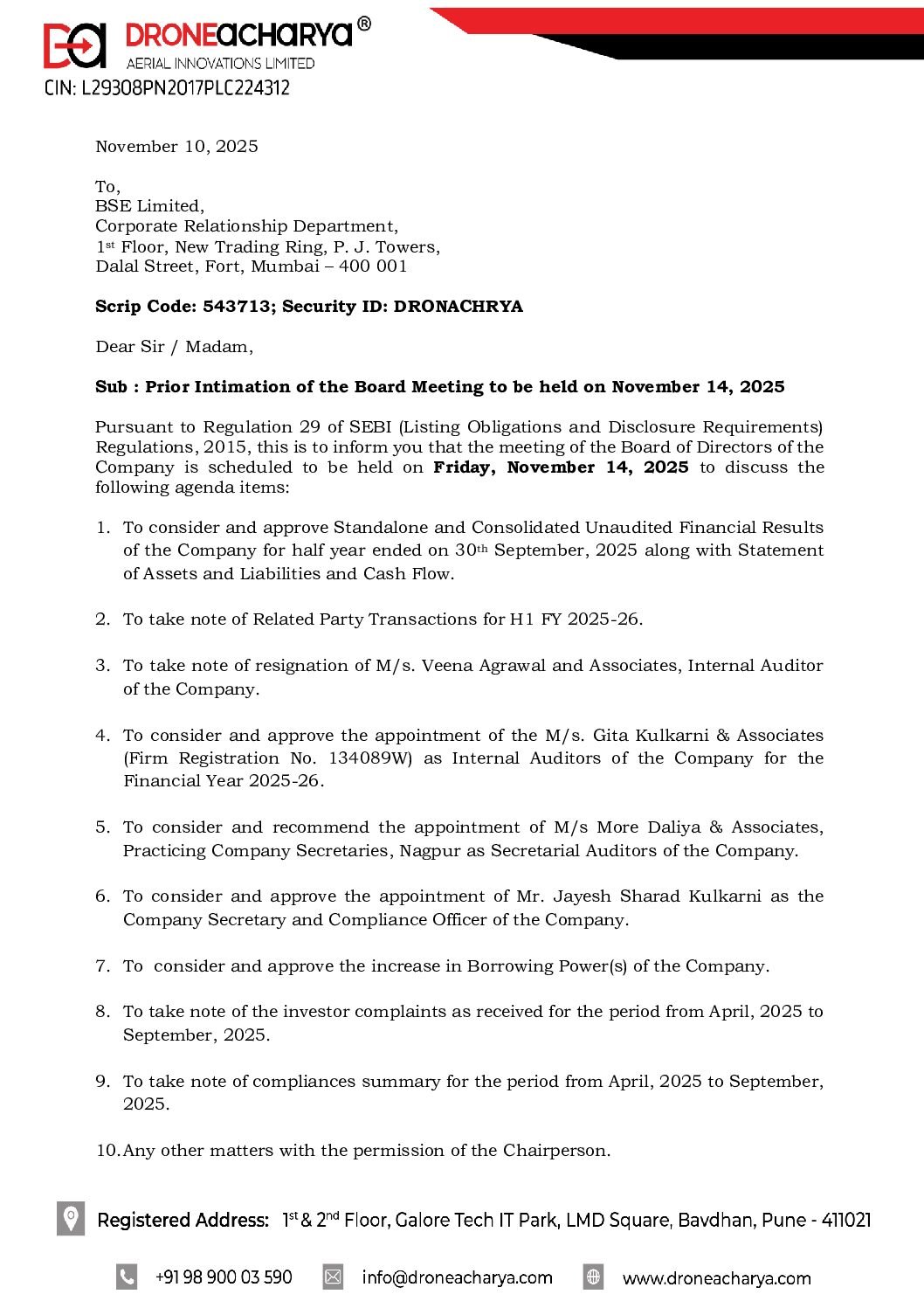 Prior Intimation of Board Meeting