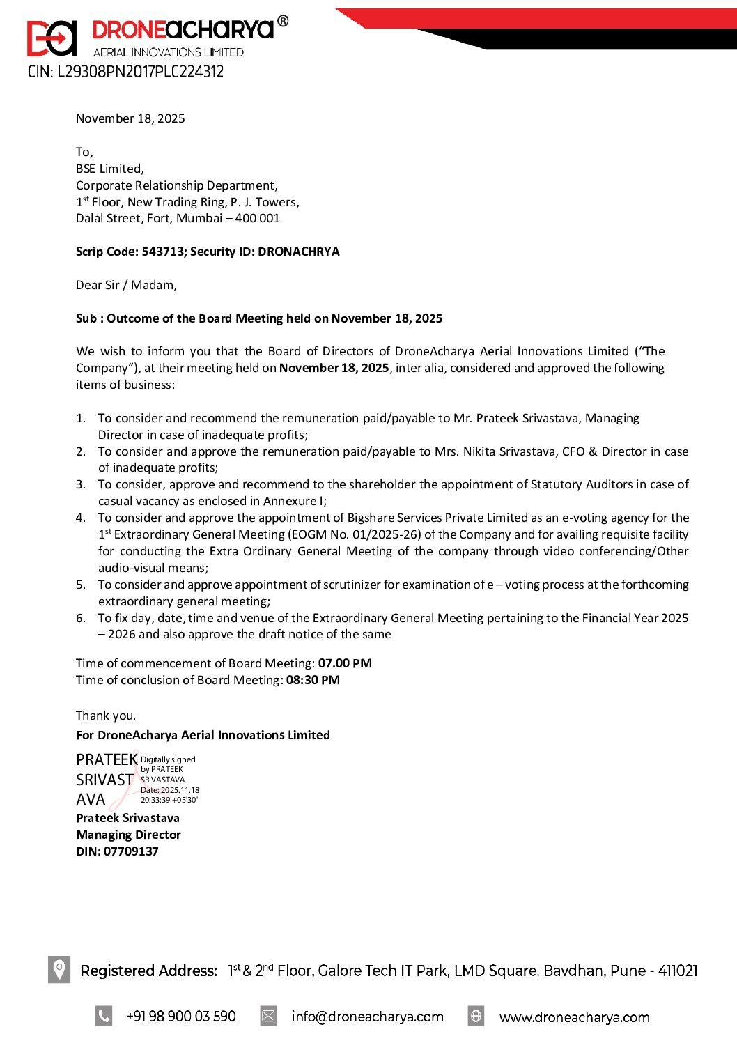 DA – Outcome of BM 18.11.2025