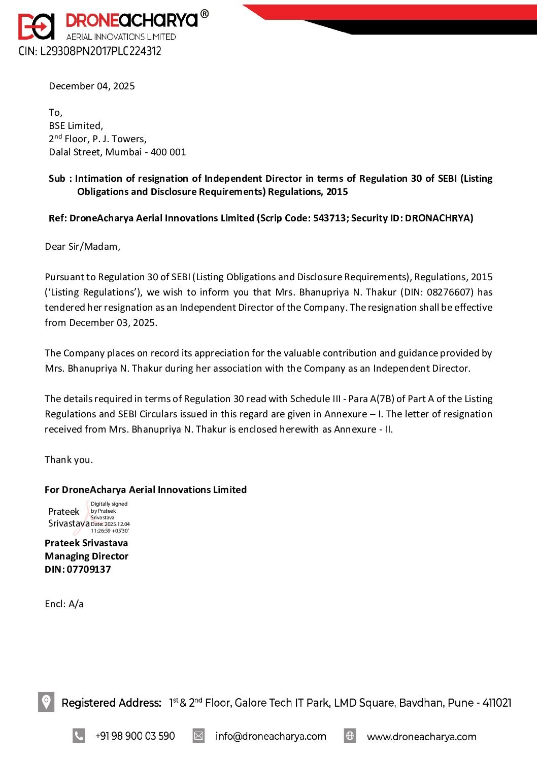 DA_ Mrs. Bhanupriya N. Thakur Resignation Intimation