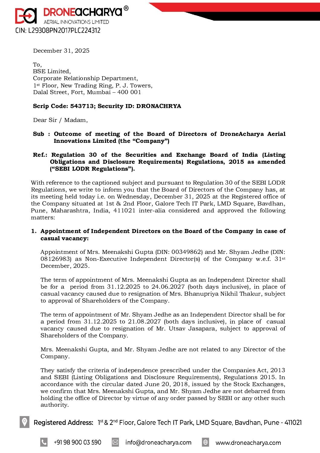 DA – Intimation appointment of Independent Directors