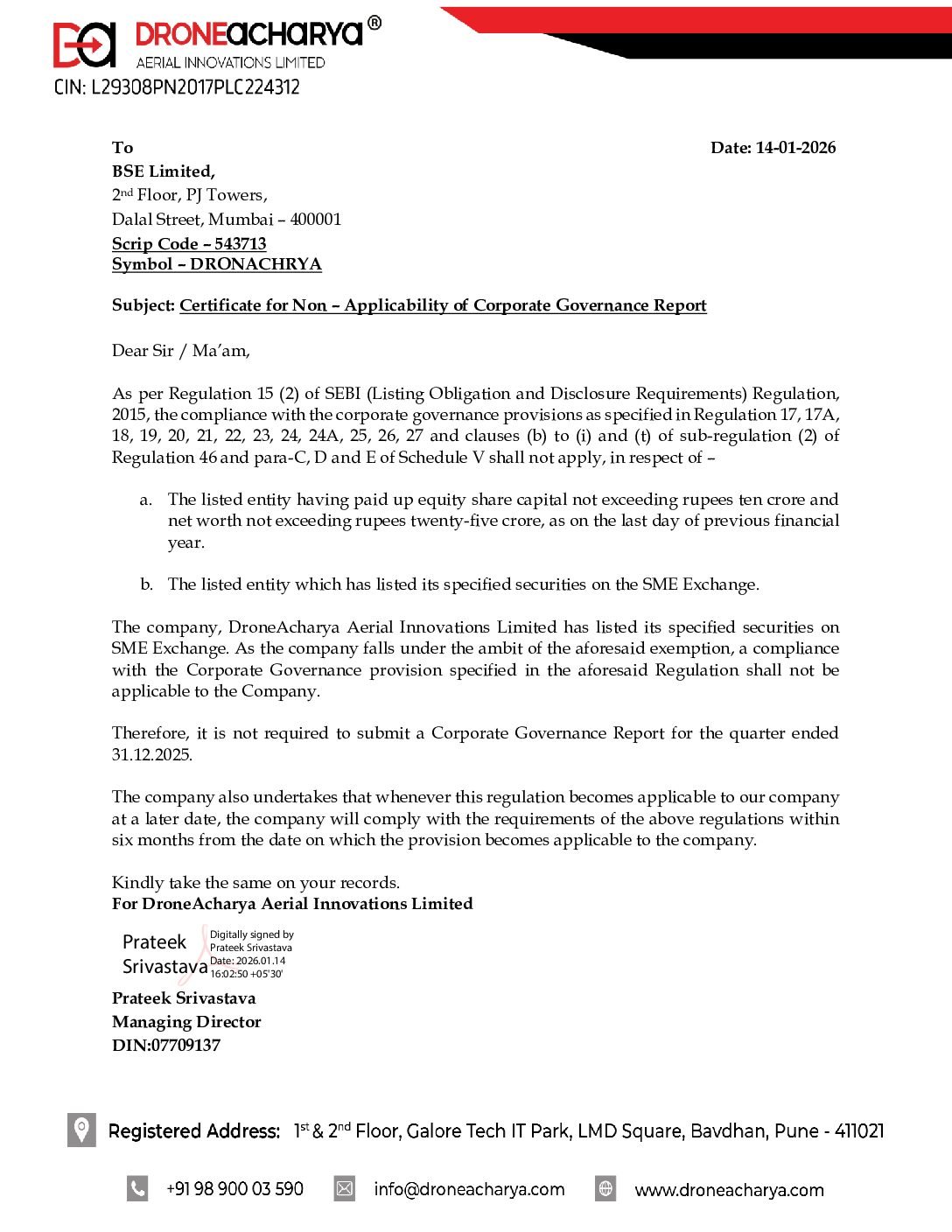 Non-Applicability of Corporate Governance