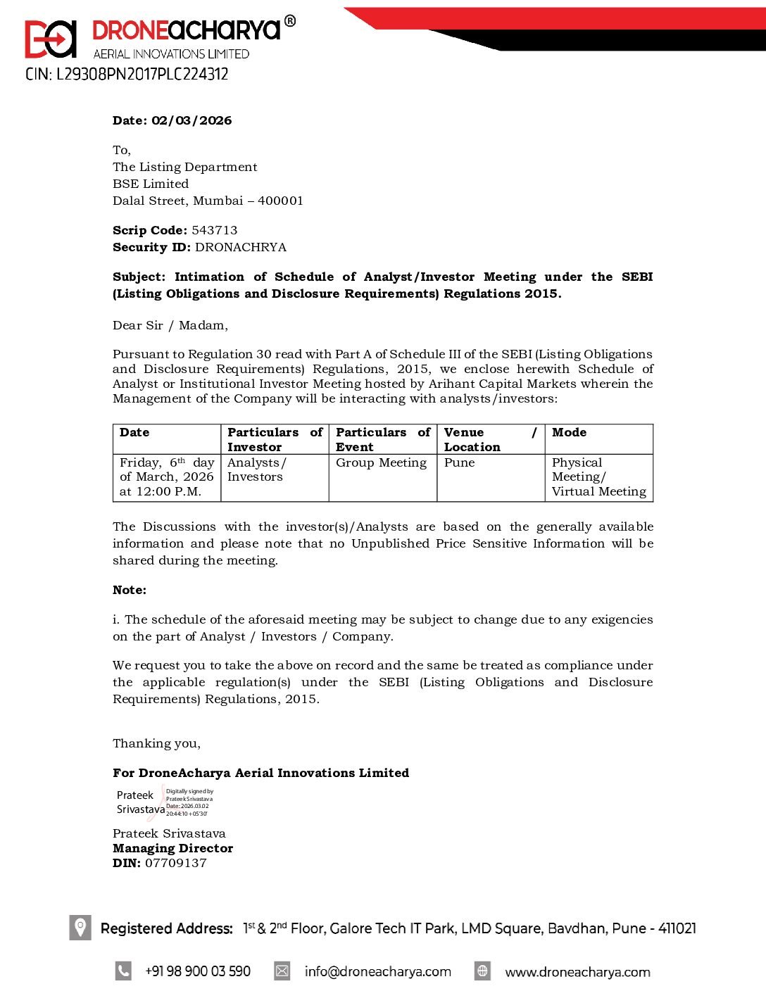 Investor/Analyst Call Intimation made to BSE