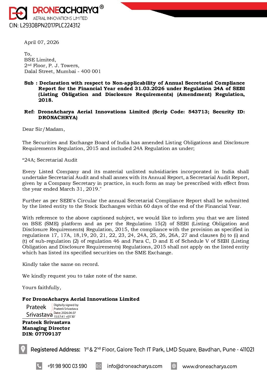 Non-applicability of Annual Secretarial Compliance Report