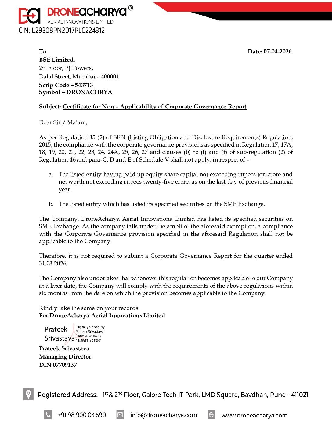 Non-Applicability of Corporate Governance Report