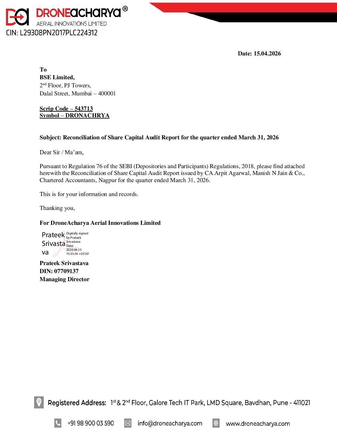 Certificate for Reconciliation of Share Capital Audit