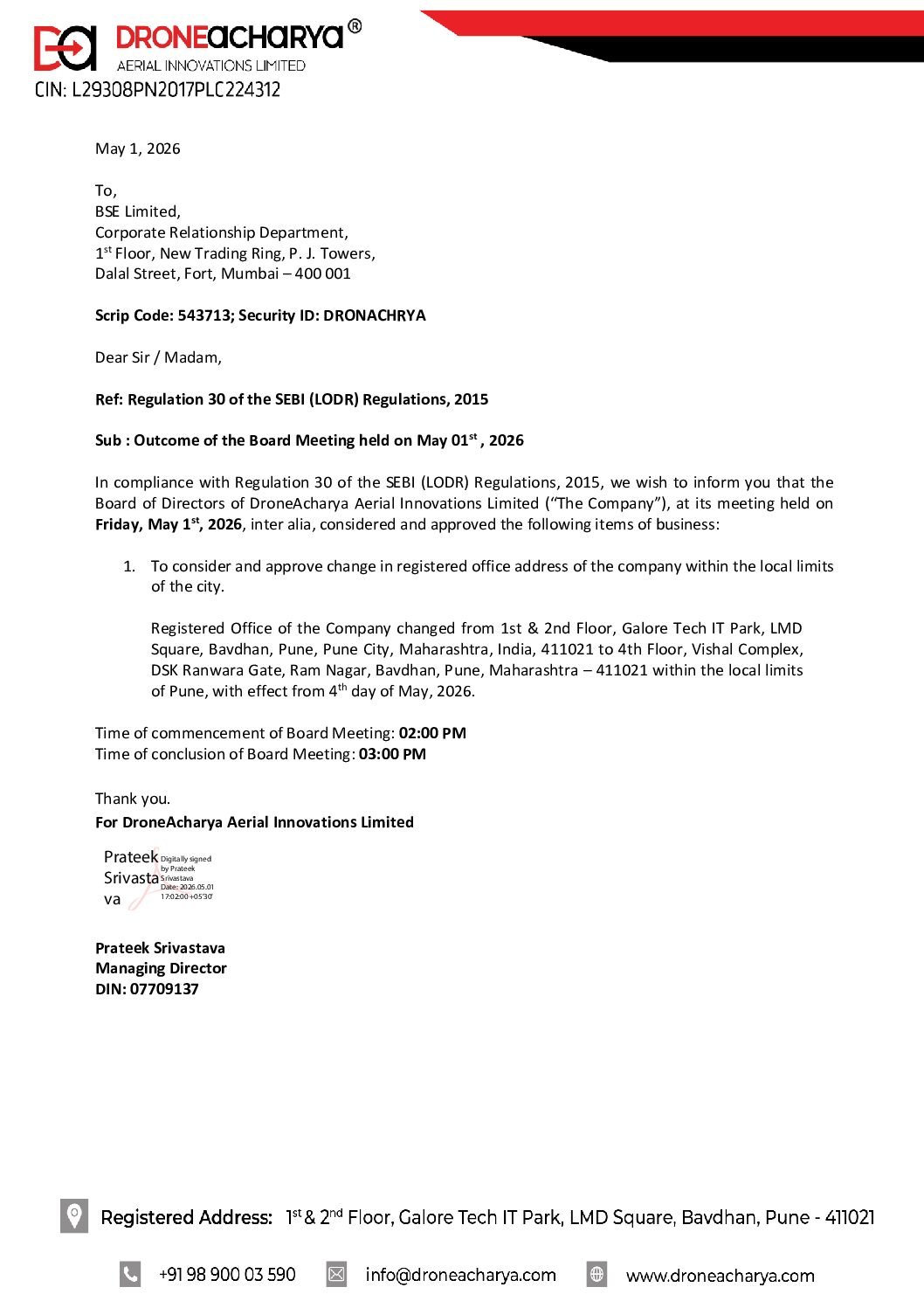 Change in the Company’s registered office address