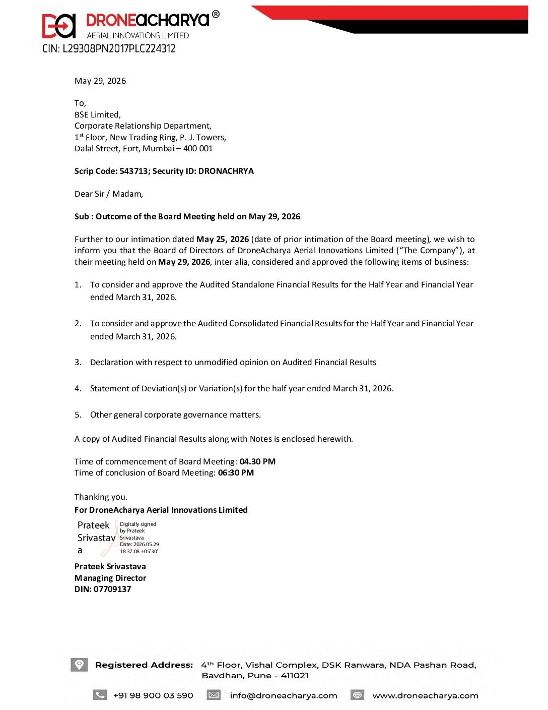 Outcome of the Board Meeting held on May 29, 2026