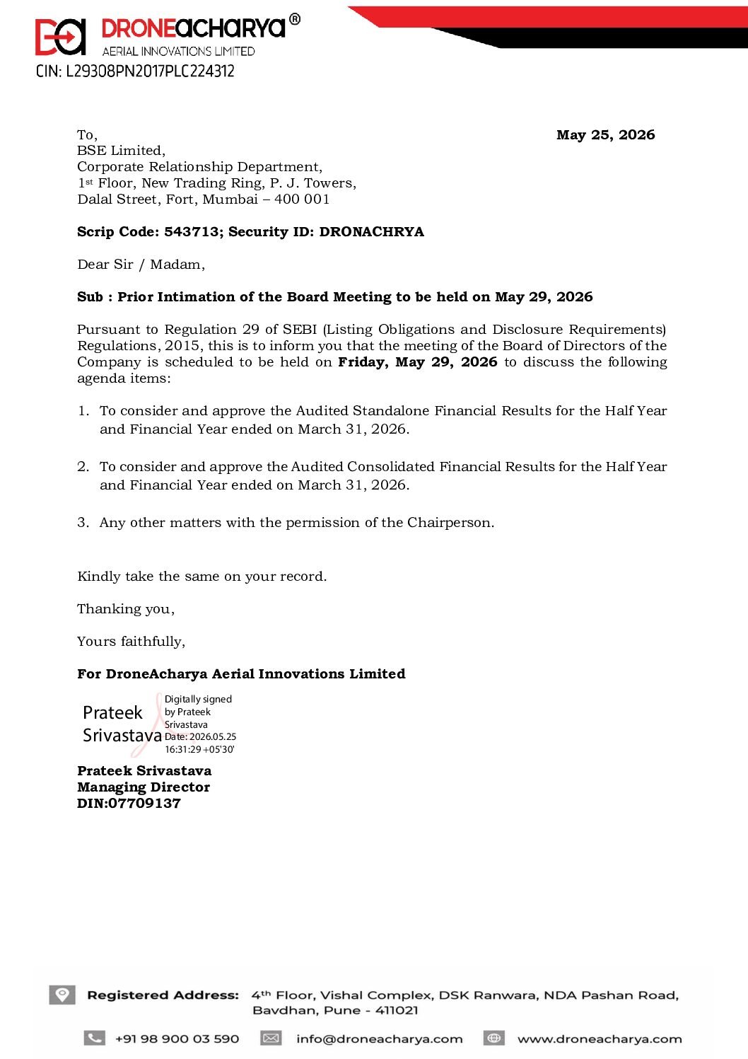 Prior Intimation of the Board Meeting  dated 29.05.2026