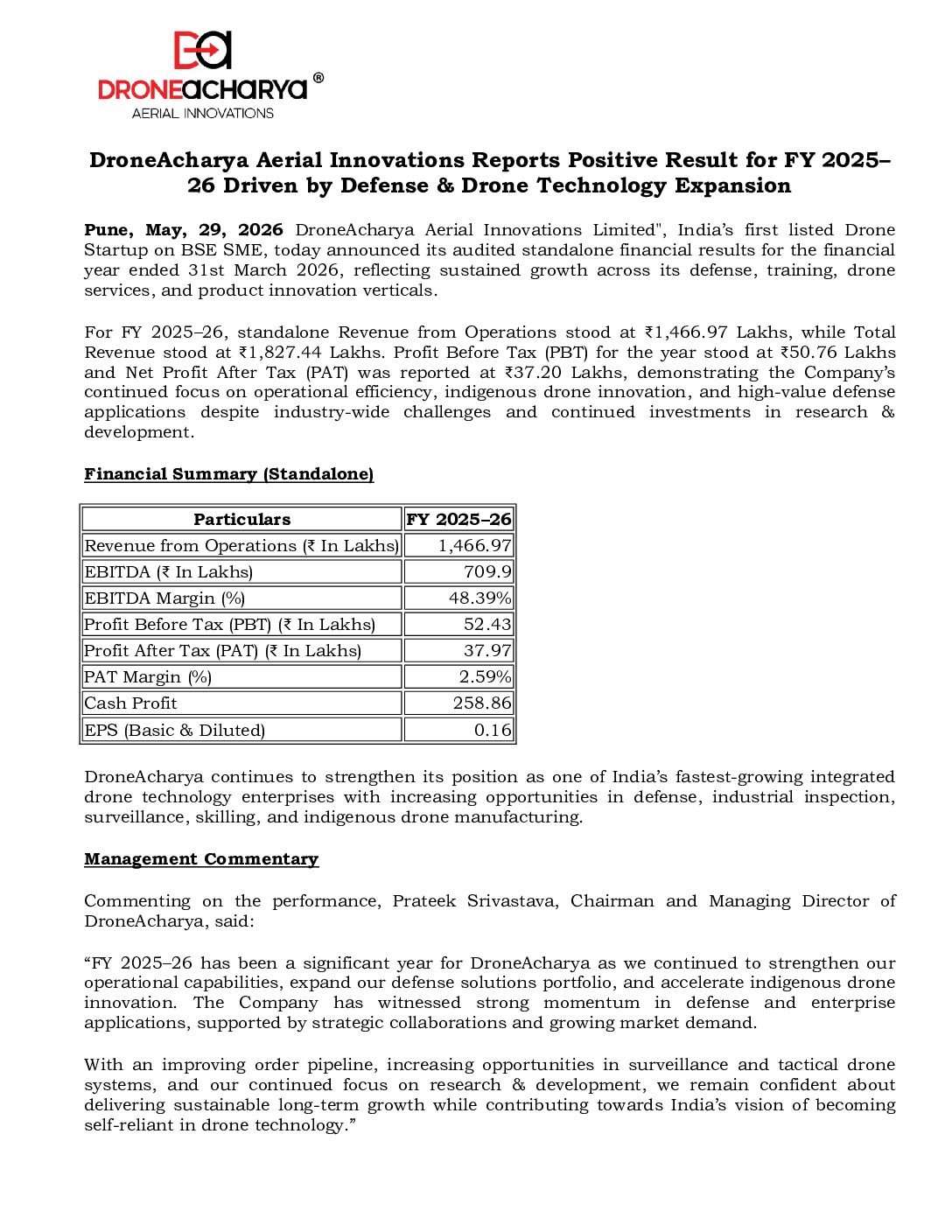 DA Reports Positive Result FY 2025– 26 Driven by Defence & Drone Technology Expansion