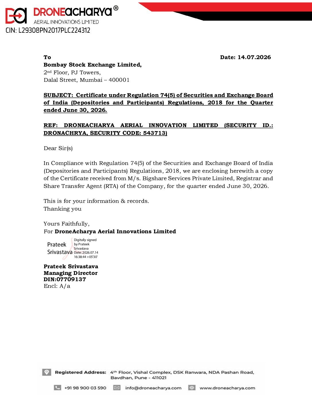 Certificate under Reg 74(5) – Securities and Exchange Board of India