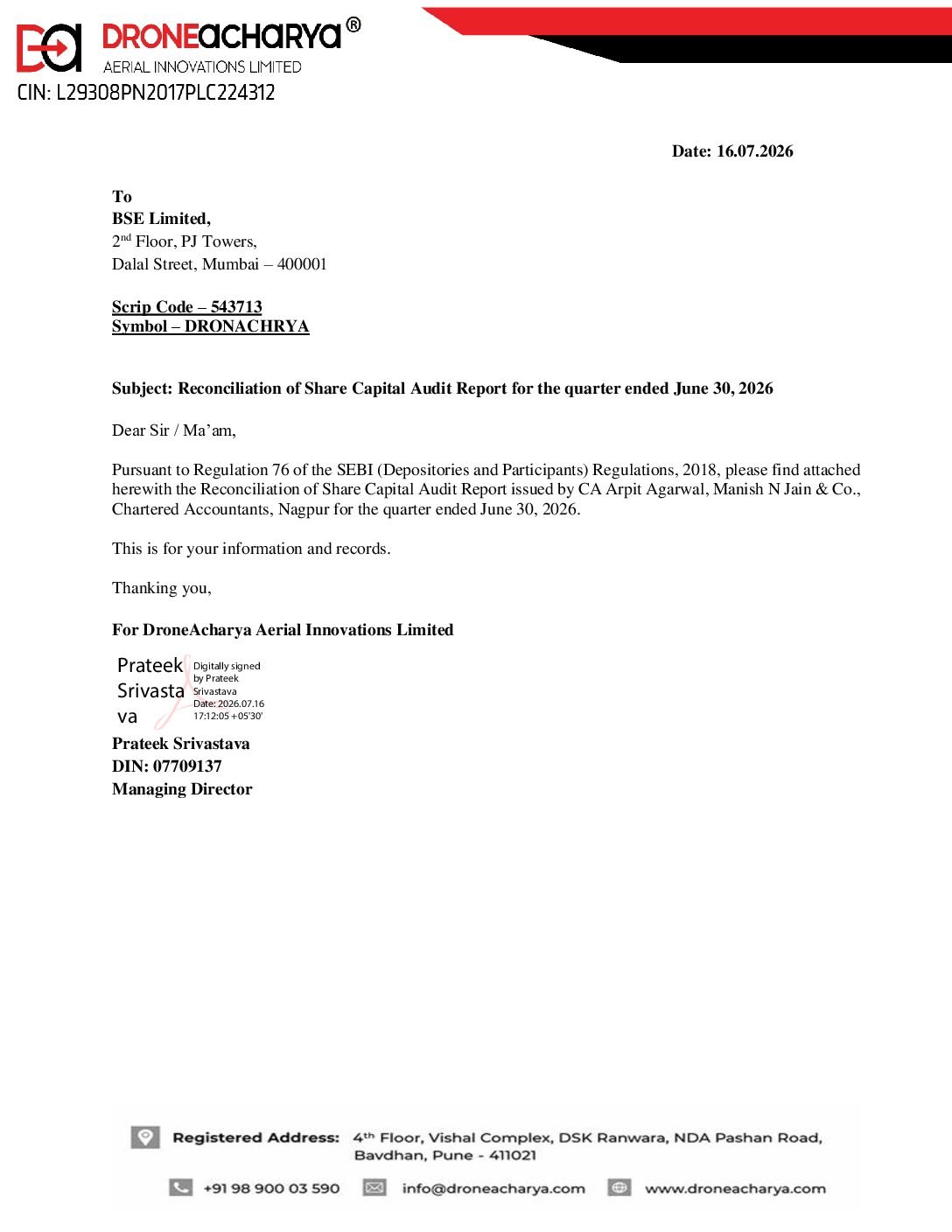 Share Capital Audit for the quarter ended on 30th June, 2026