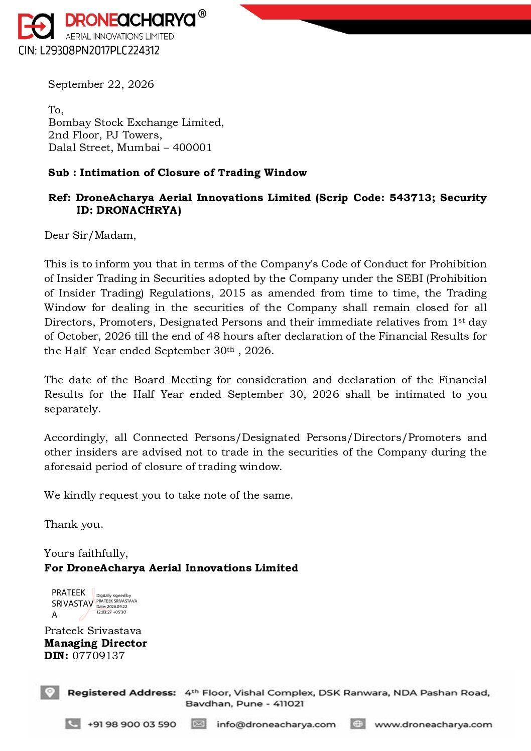Intimation of Closure of Trading Window