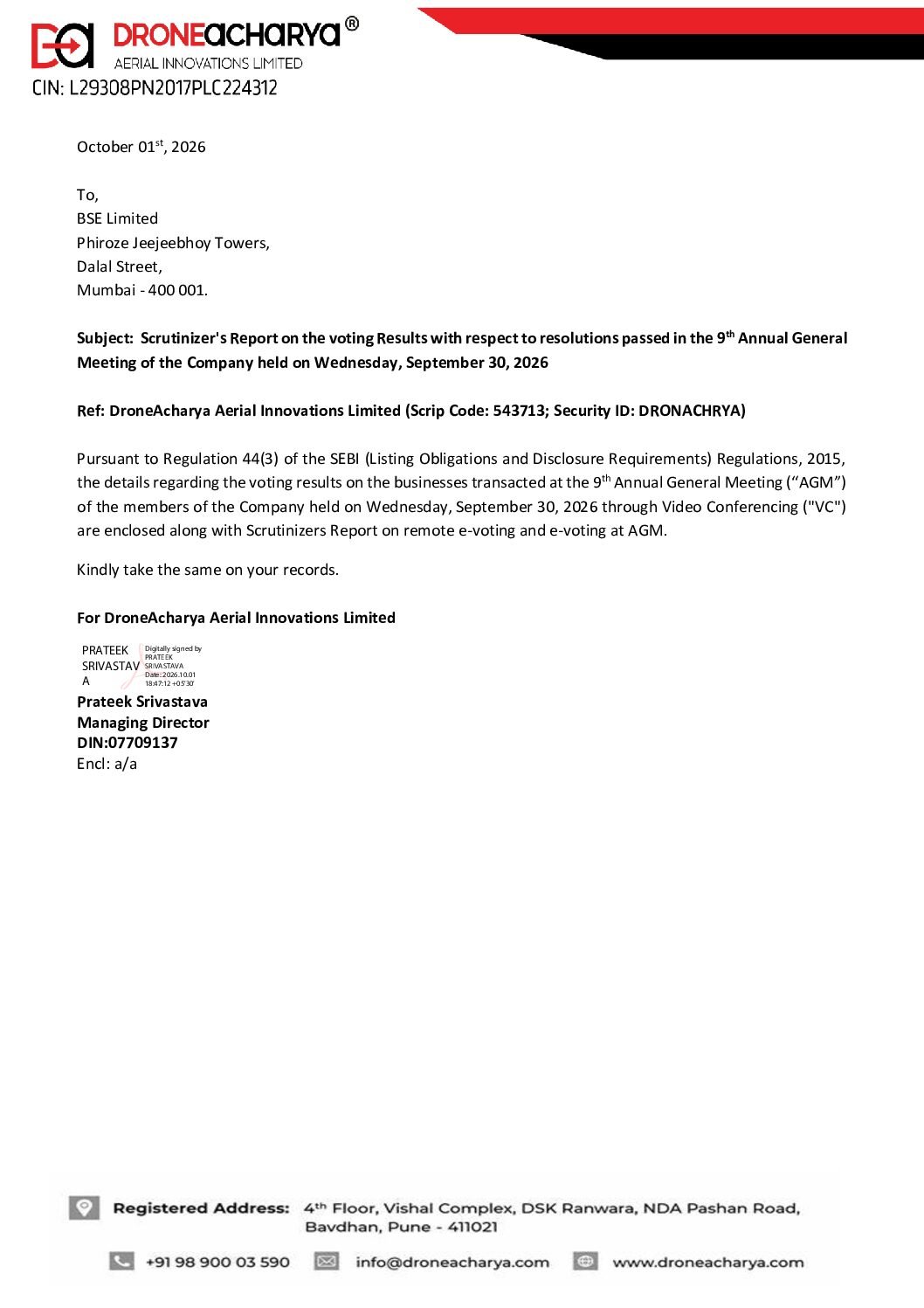 DA – Scrutinizers Report 9th AGM with Covering Letter